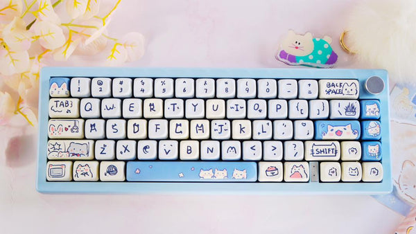 Blue Cat Keycap Set 132 Keys – PBT MOA Profile Keycaps with Dye Sublimation – Cute & Mischievous Style for Cherry MX Keyboards