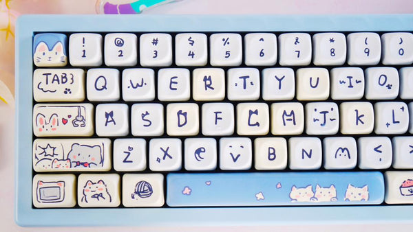 Blue Cat Keycap Set 132 Keys – PBT MOA Profile Keycaps with Dye Sublimation – Cute & Mischievous Style for Cherry MX Keyboards