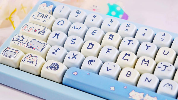 Blue Cat Keycap Set 132 Keys – PBT MOA Profile Keycaps with Dye Sublimation – Cute & Mischievous Style for Cherry MX Keyboards